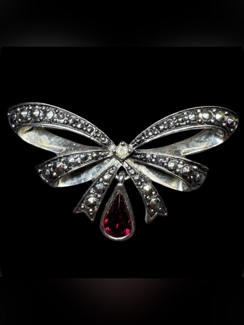 Vintage Signed Avon Marcasite Rhinestone Bow Brooch Red Dangle Silver Tone